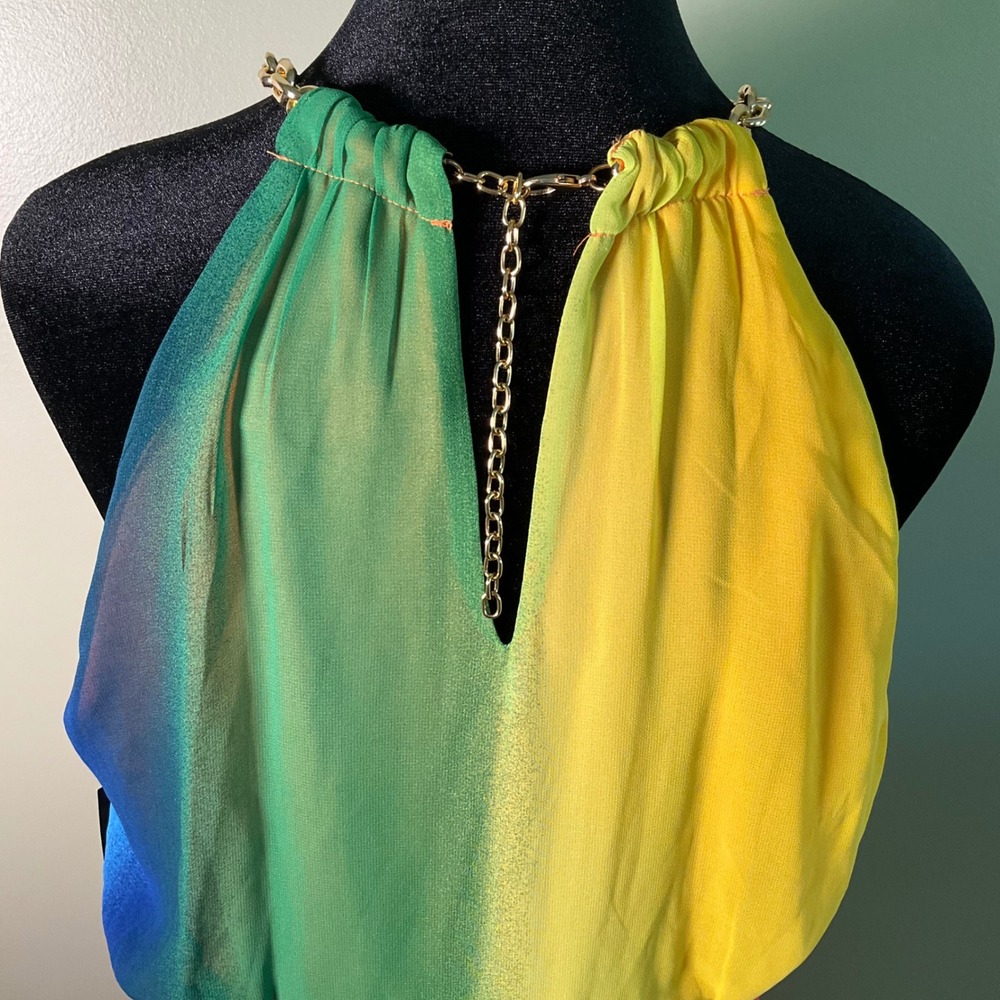 New York & Company Rainbow Ombre Halter Wrap Dress Gold Chain Neck Midi Sz M NWT - Picture 8 of 14